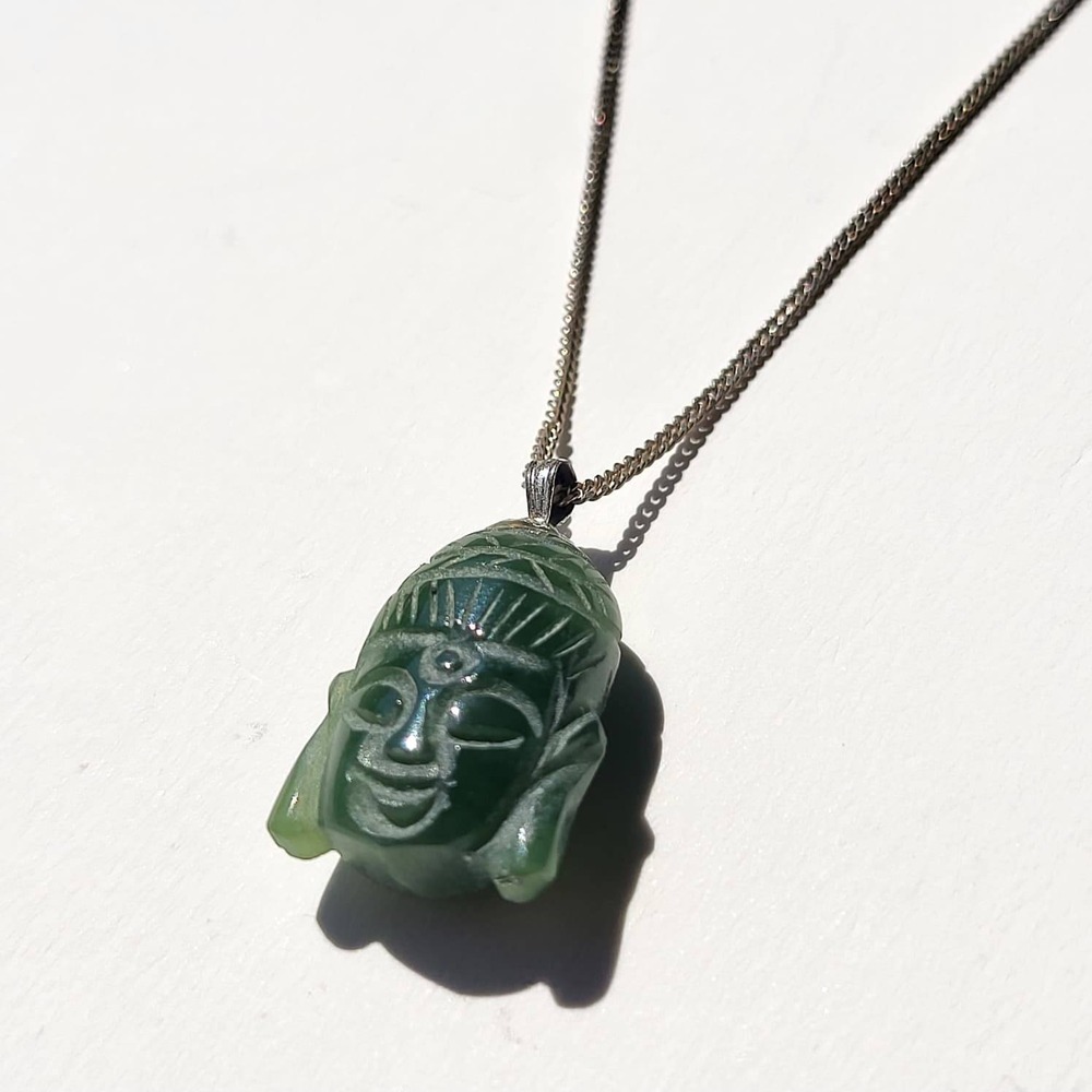 Vintage Sterling Silver Jade Buddha Head Necklace Green Carved Pendant